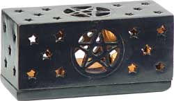 SOAPSTONE TRIPLE TEALIGHTS CANDLE HOLDER - BLACK W/PENTACLE