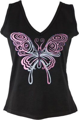 TANK TOPS, BLACK EMBROIDERED BUTTERFLY